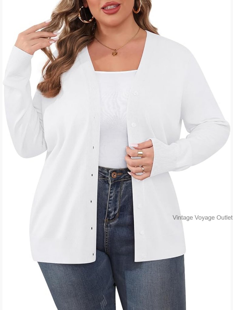Plus Size Open Front Cardigan V Neck Long Sleeve Lightweight Sweater